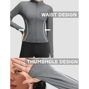 Women's Gray Full Sleeve Zipper <b>Yoga</b> <b>Jacket</b> Sweat-Wicking Spandex Polyester Activewear Top Solid Color Stand Neck Design - Product Image 2