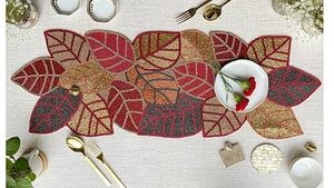 Embroidered Leaf Pattern <b>Table</b> Runner Rustic Home Decor Washable Multicolor <b>Plant</b> Design - Product Image 2