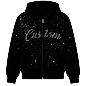 Sudadera con capucha negra personalizada con estrellas de diamantes de imitación, 100% algodón, tela suave y ecológica para un uso cómodo unisex. - Product Image 1