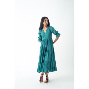 Vestido Maxi de Alta Calidad Color Verde Azulado, Corte en A, Cuello en V, Manga Tres Cuartos Tipo Linterna, Chifón con Pliegues en Capas, Estilo Romántico de Verano para Mujer - Product Image 1