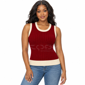 Cosh International Sisterhood Sorority <b>Red</b> Knitted Sleeveless O-Neck Tank Top Contrast Color Spliced Casual Solid Design Regular - Product Image 1