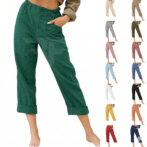 2021 Women's Elastic Waist Flare Pants Pure Color Cotton <b>Linen</b> Summer Plain Dyed Regular Fit High Waist Casual Trousers - Product Image 1
