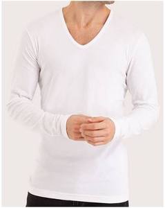 T-shirt Homme Élégant Coupe Slim Col V Anti-plis Respirant Écologique Tricoté Logo Avant 100% Coton Manches Longues - Product Image 1