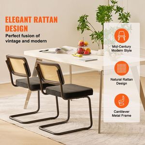 Set di 2 Sedie da Pranzo in Stile Mid-Century Modern, Sedia Retrò con Schienale in Rattan e Seduta Imbottita in Velluto per Sala da Pranzo - Product Image 2