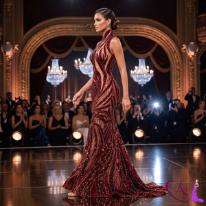 Vestido de Noche Largo de Lujo Color Borgoña con Cuentas y Lentejuelas Hechas a Mano, Estilo Sirena, para Mujer |   Cuello alto sin mangas con cristales naturales - Product Image 2