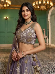 Purple Embroidered <b>Lehenga</b> Choli With Dupatta Floral Thread Work Heavy Organza Silk Wedding Outfit - Product Image 2