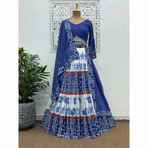 DISEÑADOR GEORGETTE IMPRESIÓN DIGITAL TRABAJO LEHENGA CHOLI CON DUPATTA AZUL - Product Image 1