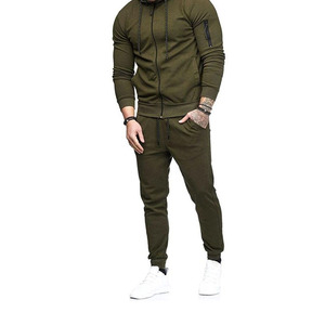 Men's Army Green <b>Hooded</b> Tracksuit Set Full <b>Zip</b> Casual Jogging Suit Solid Color Side Pockets Regular Fit Autumn Wear - Product Image 1
