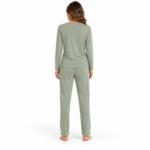 Women's Sage Green <b>Lounge</b> <b>Set</b> Long Sleeve Henley Top Drawstring Straight Leg Pants Casual <b>Two</b> <b>Piece</b> Pajama <b>Set</b> Wholesale OEM B2B - Product Image 3