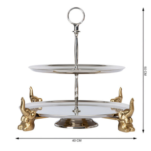 Élégant support à gâteau en métal argenté à 2 niveaux avec pieds d'éléphant dorés et anneau supérieur, centre de table de luxe pour desserts de mariage - Product Image 3