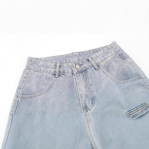 High Waist Black Denim Shorts With White Embroidered Letter Logo Streetwear Style Summer Casual Fit Regular Straight Leg - Product Image 4