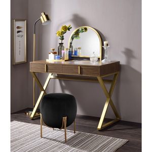 Toeletta in noce e oro con 2 cassetti, specchio e vassoio portagioie per il trucco - Product Image 2