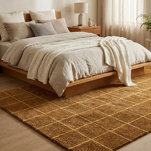DECORDEC Amber Labyrinth Mustard <b>Brown</b> Hand Tufted Wool Rug Modern Interlocking Key Lattice Pattern Eco Friendly Non-Slip - Product Image 3