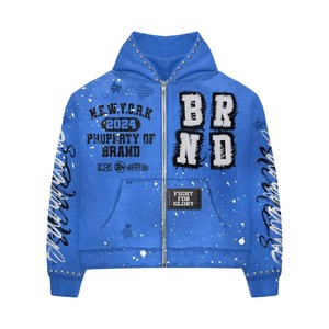 Hoodie zippé Premium Glory personnalisé, color block, coupé-cousu, brodé, court, délavé à l'acide, effet vieilli, avec strass, vente en gros OEM - Product Image 1