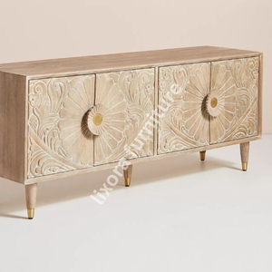 Midcentury Modern Wood <b>TV</b> <b>Stand</b> With Floral Carving Storage Cabinet Living Room Furniture - Product Image 5