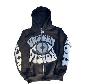 Sweat à capuche zippé personnalisable de haute qualité, couleur unie, impression 3D en relief, col anti-rétrécissement, 100 % coton, collection Printemps - Product Image 3