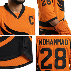 Maillot de hockey sur glace personnalisé orange et noir respirant imprimé, 100 % polyester maille, coupe ample, fabricant OEM Sialkot Team - Product Image 4