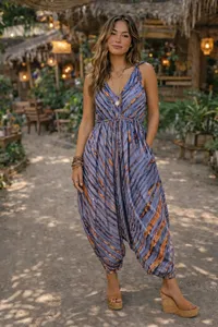 Combinaison Bohème Gris Bleu Tie-Dye pour Femme, Sans Manches, Col en V, Bretelles Ajustables, Coupe Ample et Fluide, Tenue de Plage - Product Image 2