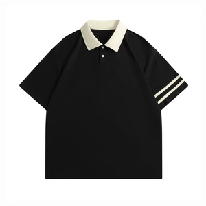 Polo à manches courtes pour homme, noir, couleur unie, tissu Oxford, style décontracté, col et manches contrastés - Product Image 1