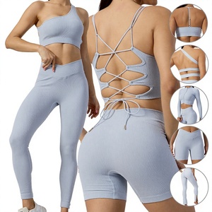 New Women's Seamless One Shoulder Sports Bra with Elastic Waist Solid Pattern Comfortable and Breathable 2-Piece Set - Product Image 1