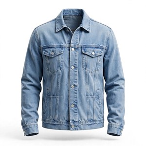 Men's <b>Light</b> Blue Denim <b>Puffer</b> <b>Jacket</b> Regular Fit Stand Button Closure Casual Style Winter Wear 100% Cotton Washed Finish Front - Product Image 1