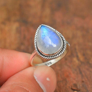 Bague en argent sterling 925 avec pierre de lune poire, pierre de lune arc-en-ciel naturelle, bijoux pour mariage et anniversaire - Product Image 1
