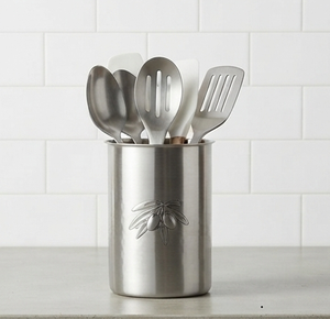 Stainless Steel <b>Utensil</b> <b>Holder</b> <b>with</b> Olive Branch Embossed Design Cylindrical Kitchen Flatware Storage Caddy - Product Image 1