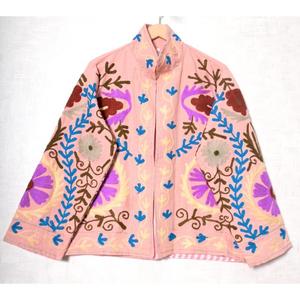 Pink Floral Embroidered Cotton <b>Jacket</b> <b>Mandarin</b> <b>Collar</b> Full Sleeve Handmade Ethnic Style Spring Wear - Product Image 1