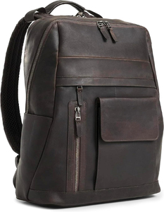 Brown Leather Travel <b>Backpack</b> for Men & Women 15 Inch Laptop Bag Vintage Multi Pocket <b>Backpack</b> with Trolley Sleeve - Product Image 1