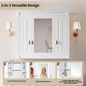 Armadietto da Bagno a Parete con 4 Ripiani e Anta a Specchio, Bianco, per Conservazione Medicinali - Product Image 1