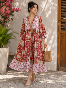 Robe midi à imprimé floral bohème, col en V, manches lanternes, coupe ample, ourlet à volants, robe décontractée d'été pour femmes - Product Image 1