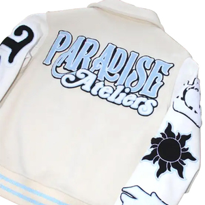 Blouson universitaire blanc brodé avec des patchs palmiers et lettres, style preppy, coupe classique, col rabattu, vêtement d'extérieur pour le printemps - Product Image 4