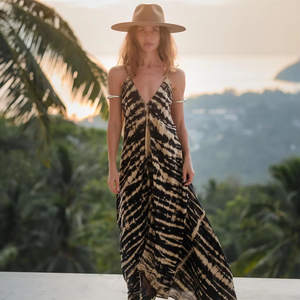 Casual Black Beige Tie Dye Rayon Maxi <b>Dress</b> Women’s Sleeveless Spaghetti Strap Neck Flowy <b>Boho</b> Long <b>Summer</b> <b>Dress</b> - Product Image 1