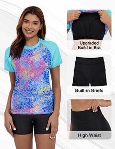 New Fashion Style Printed Overall Cheap Rash Guards Sport <b>Swim</b> Wear <b>Women</b> Two Piece Shorts Sleeve Fitness Rash Guard - Product Image 4