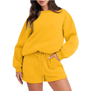 <b>Women's</b>2-Piece Knitted <b>Shorts</b> Set Yellow O-Neck Long Sleeve Loose Fit Casual Solid Color Above <b>Knee</b> Drawstring 2026 - Product Image 1