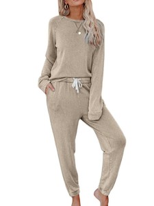 Women's Casual 2-Piece <b>Set</b> Long Sleeve Crew Neck Sweatshirt With Drawstring Pants Loose Fit Solid Gray Cotton <b>Knitted</b> Outfit OEM - Product Image 3