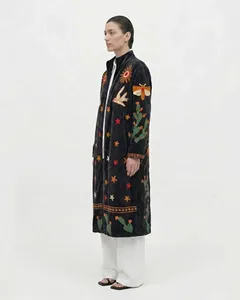Luxury Velvet Suzani Long Jacket Embroidered With Floral And <b>Bird</b> Pattern <b>Stand</b> Collar Full Sleeve Prairie Chic Winter Outerwear - Product Image 2