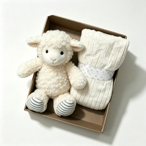 Customized neutral baby gift <b>box</b> with sheep stuffed toy & star knit <b>blanket</b>,curly lamb plush and knitted <b>blanket</b> gift set - Product Image 2