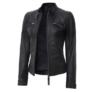 Premium Quality Women's Real Leather Moto <b>Jacket</b> with Padded Shoulders and Mandarin Collar - Breathable & Durable Outdoor Wear - Product Image 3