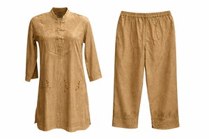 Ensemble deux pièces décontracté en viscose brodée pour femme : haut et pantalon à col en V – Fabricant - Product Image 3