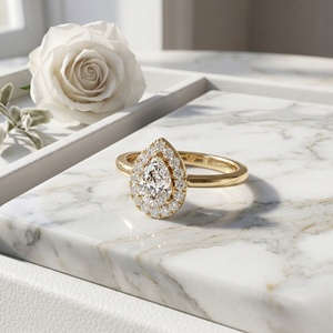 Bague solitaire en or plaqué avec halo de diamants taille poire pour femme, bijoux de mariage et de fiançailles - Product Image 2
