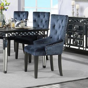 Dark <b>Navy</b> and Black Velvet Upholstered Side <b>Chair</b> with Nailhead Trim Elegant <b>Dining</b> <b>Chairs</b> - Product Image 2