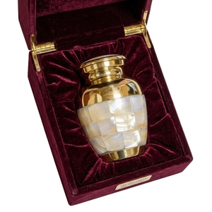 Modern Mother of Pearl Mosaic Metal <b>Keepsake</b> Urn - Small Decorative <b>Ashes</b> Container with Polished Brass Neck and Lid - Product Image 6