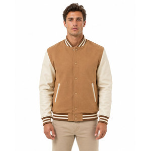 Chaqueta Letterman Beige Camel Más Vendida, Tejido Suave, Mangas en Contraste, Puños Acanalados, Atuendo Elegante de Moda Urbana - Product Image 1