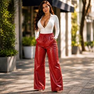Pantalon slim en cuir gaufré crocodile pour femme, pantalon streetwear, pantalon en cuir croco pour femme - Product Image 2