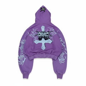 Hoodie court imprimé gothique Y2K personnalisé en molleton de coton épais violet pour homme, style streetwear - Product Image 2