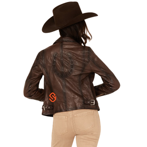 Distressed Brown Leather Moto <b>Jacket</b> Women Horseshoe Back Studded Belted Western <b>Biker</b> Coat Vintage Cowgirl Outerwear - Product Image 1