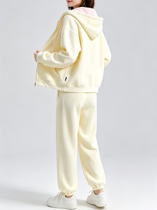Survêtement à capuche pour femme, couleur unie, manches longues, sweat-shirt décontracté, pantalon à taille élastique, respirant, poids moyen, tenue de jogging - Product Image 3