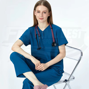 Women Blue V-Neck <b>Scrub</b> <b>Top</b> Cotton Polyester Woven Hospital Uniform Blouse With Pocket Custom Design - Product Image 4