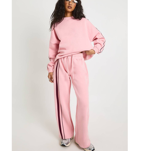 Luxury Women Fashion Side Stripe High Waist Sports Tracksuit <b>Waffle</b> Cotton Midweight Quick Dry Breathable O Neck Jogging Suit - Product Image 3